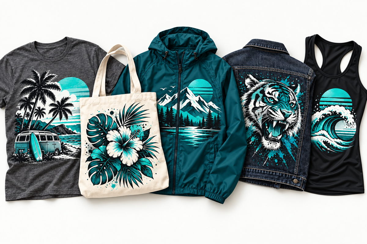 Colorful transfer prints applied to cotton, canvas, nylon, denim, and athletic fabric